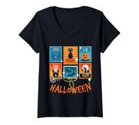 Femme Timbres effrayants effrayants pour Halloween Motif Citrouille T-Shirt avec Col en V