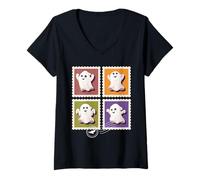Femme Timbres effrayants effrayants pour Halloween Motif Citrouille T-Shirt avec Col en V