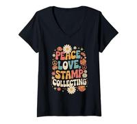 Femme Timbres Philatélistes années 60 et 70 Hippie rétro Peace Love Collection T-Shirt avec Col en V