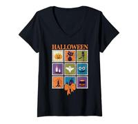Femme Timbres postaux rétro Halloween Visage fantôme Citrouille T-Shirt avec Col en V