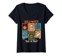 Femme Timbres postaux rétro Halloween Visage fantôme Citrouille T-Shirt avec Col en V