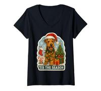 Femme Tis The Season Airedale Terrier Chien Merry Christmas Holiday T-Shirt avec Col en V