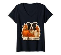 Femme Tis The Season Border Collie Chien Automne Automne Citrouille Épice T-Shirt avec Col en V