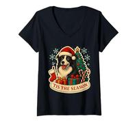 Femme Tis The Season Border Collie Chien Noël Maman Papa Propriétaire Fun T-Shirt avec Col en V