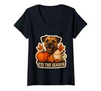 Femme Tis The Season Border Terrier Chien Automne Automne Citrouille Épice T-Shirt avec Col en V