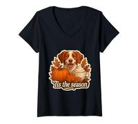 Femme Tis The Season Bretagne Chien Automne Automne Citrouille Épices Latte T-Shirt avec Col en V