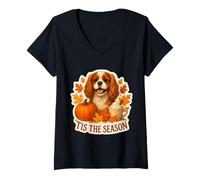 Femme Tis The Season Cavalier King Charles Chien Automne Citrouille T-Shirt avec Col en V