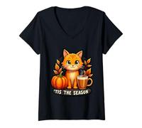 Femme Tis The Season Chat Orange Automne Citrouille Épices Lady Mom T-Shirt avec Col en V
