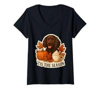 Femme Tis The Season Chien Epagneul d'eau américain Automne Automne Café T-Shirt avec Col en V