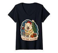 Femme Tis The Season Chien Esquimau américain Merry Christmas Mom Dad T-Shirt avec Col en V