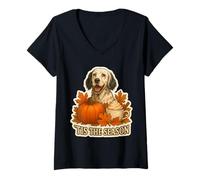 Femme Tis The Season Chien Setter Anglais Automne Automne Citrouille Épice T-Shirt avec Col en V