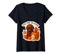 Femme Tis The Season Chien Setter Irlandais Automne Automne Citrouille Épices T-Shirt avec Col en V