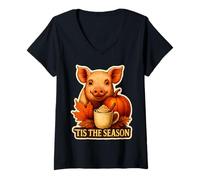 Femme Tis The Season Cochon Automne Automne Citrouille Feuilles Farmer Rancher T-Shirt avec Col en V