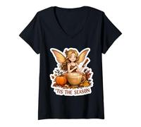 Femme Tis The Season Fairy Automne Femme Citrouille Spice Coffee T-Shirt avec Col en V