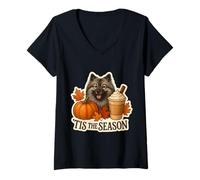 Femme Tis The Season Keeshond Dog Automne Automne Citrouille Spice Latte T-Shirt avec Col en V