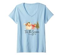 Femme Tis The Season Leopard Santa, Vintage Watercolor Christmas T-Shirt avec Col en V