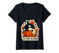 Femme Tis The Season Orca Whale Automne Automne Citrouille Feuilles Vintage T-Shirt avec Col en V