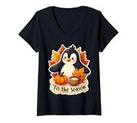 Femme Tis The Season Pingouin Automne Automne Citrouille Feuilles Vintage T-Shirt avec Col en V