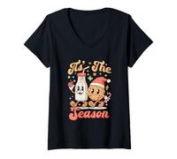 Femme Tis The Season Retro Milk and Biscuits, Meilleur ami de Noël T-Shirt avec Col en V