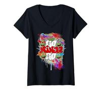 Femme TMNT Classic Retro Megamix Go Ninja Turtles Graff Urban Art T-Shirt avec Col en V