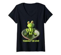 Femme Toadally in Love Coussin de lys en Forme de Grenouille Assise sur Un cœur T-Shirt avec Col en V