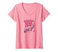 Femme Together We Rise in Pink Shirt - Sensibilisation au Cancer du Sein T-Shirt avec Col en V