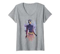 Femme Toile de Fond Batman Catwoman Gothique Gothique Ville Halloween T-Shirt avec Col en V, Gris Chiné, XL