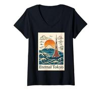 Femme Tokyo éternel - Ukiyo-e Style Mount Fuji & Tokyo Tower T-Shirt avec Col en V