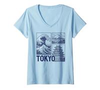 Femme Tokyo Japan Graphic Mount Fuji Great Wave Château Traditionnel T-Shirt avec Col en V