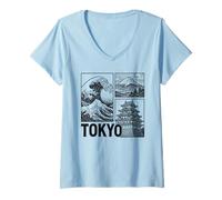 Femme Tokyo Japan Graphic Mount Fuji Great Wave Château Traditionnel T-Shirt avec Col en V