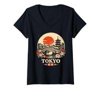 Femme Tokyo Japan Pagoda Souvenir de Voyage Japonais rétro T-Shirt avec Col en V