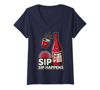 Femme Tokyo Japan Sip Happens Sake Love Friends Good Times Rétro T-Shirt avec Col en V