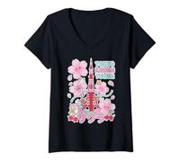 Femme Tokyo Kawaii Tower Sakura Anime Mignon Japon City Cartoon Art T-Shirt avec Col en V