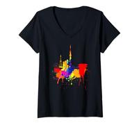Femme Tokyo Skyline Japon Couleurs Colorées Art Asie Fan Amour T-Shirt avec Col en V