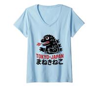 Femme Tokyo Streetwear Dinosaure Monstre Haiku Showa Texte japonais T-Shirt avec Col en V