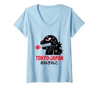 Femme Tokyo Streetwear Dinosaure Monstre Haiku Showa Texte japonais T-Shirt avec Col en V
