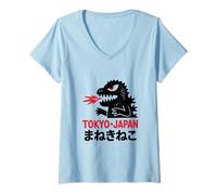Femme Tokyo Streetwear Dinosaure Monstre Haiku Showa Texte japonais T-Shirt avec Col en V