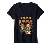 Femme Tomb Raider II Staring Lara Croft Vintage Collage Video Game T-Shirt avec Col en V