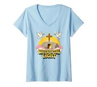 Femme Tombe Vide de Dessin animé Vintage rétro Walk in The Light John 1:7 T-Shirt avec Col en V