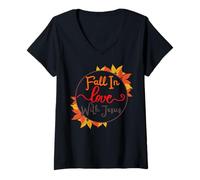 Femme Tomber Amoureux de Jésus Automne Récolte Chrétienne Maman Papa Enfant T-Shirt avec Col en V