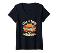 Femme Tomber Amoureux de la Lecture Automne Bibliothèque Mignon Amateur de Livres T-Shirt avec Col en V