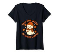 Femme Tombez Amoureux de Jésus, il ne quitte jamais, Joli Motif de fantôme d'automne T-Shirt avec Col en V