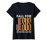 Femme Tombez Amoureux de Jésus, il ne quitte jamais la Foi chrétienne, Amour Reconnaissant T-Shirt avec Col en V