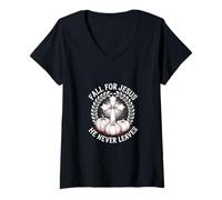 Femme Tombez Amoureux de Jésus, il ne quitte jamais la Foi Pumpkins Cross T-Shirt avec Col en V