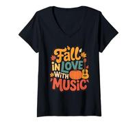 Femme Tombez Amoureux de la Musique Chansons d'automne Thanksgiving T-Shirt avec Col en V