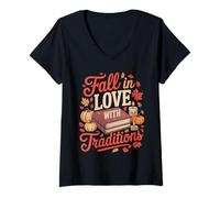 Femme Tombez Amoureux des Traditions Feuilles de citrouilles d'automne T-Shirt avec Col en V