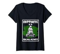 Femme Tondeuse à Gazon de Course Humour Le Bonheur est Une Tondeuse de Course T-Shirt avec Col en V