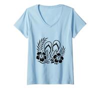Femme Tongs d'été avec Fleurs d'hibiscus et Fleurs Tropicales T-Shirt avec Col en V