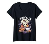 Femme Tonight We Fly Halloween Funny Poulets Coqs Sorcières T-Shirt avec Col en V
