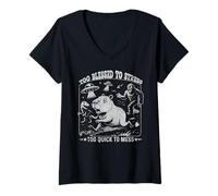 Femme Too Blessed to Stress Capybara Bigfoot de Motivation T-Shirt avec Col en V